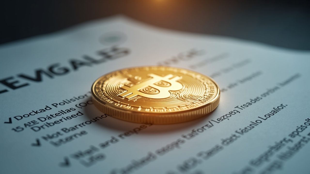 Photoreal close-up of a glowing cryptocurrency coin resting on regulatory documents under soft lighting.