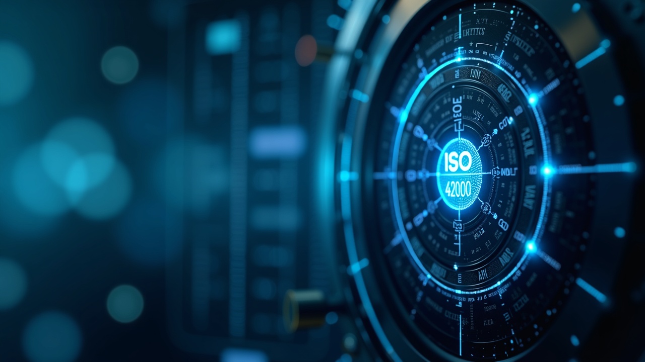 Fotorrealistic header: digital vault, ISO 42001 badge, AI code streams, and a crypto trading dashboard.