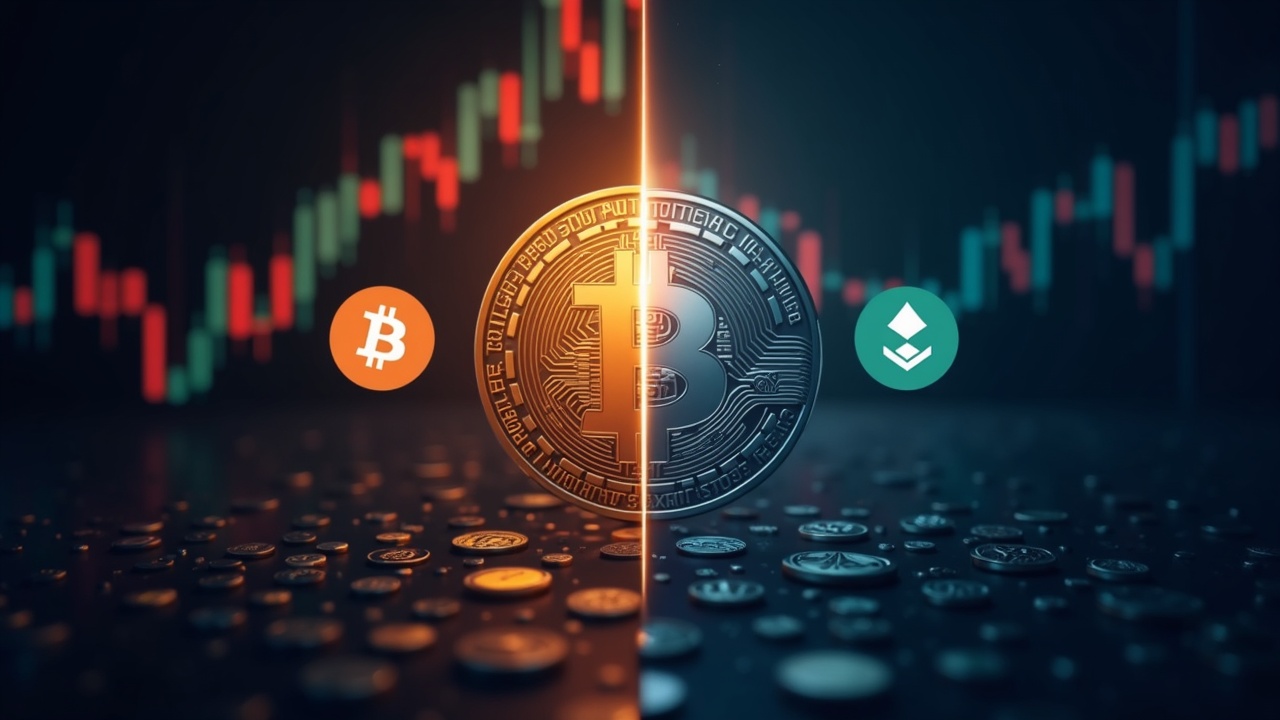 Photorealistic split crypto market: bright left BTC/ETH/XRP logos for institutional flows; dim right with small tokens, chart