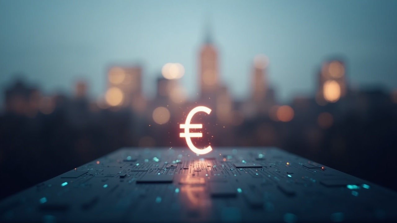 Photorealistic header showing a digital euro glyph rising from circuitry with a blurred European skyline behind