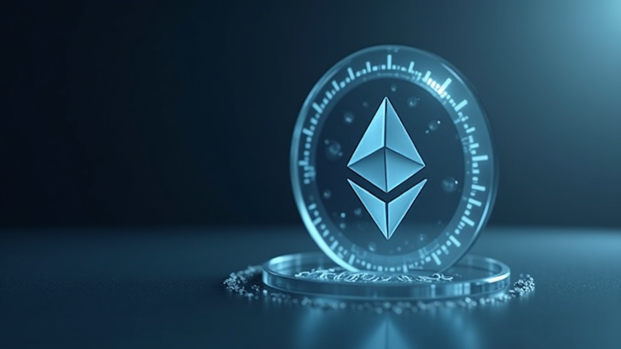 Photorealistic Ethereum logo on glass with a rising gas gauge and a quantum symbol