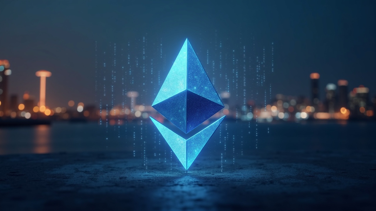 Fotorrealistic Ethereum logo with a translucent quantum shield and rising hash signatures over a blurred city skyline