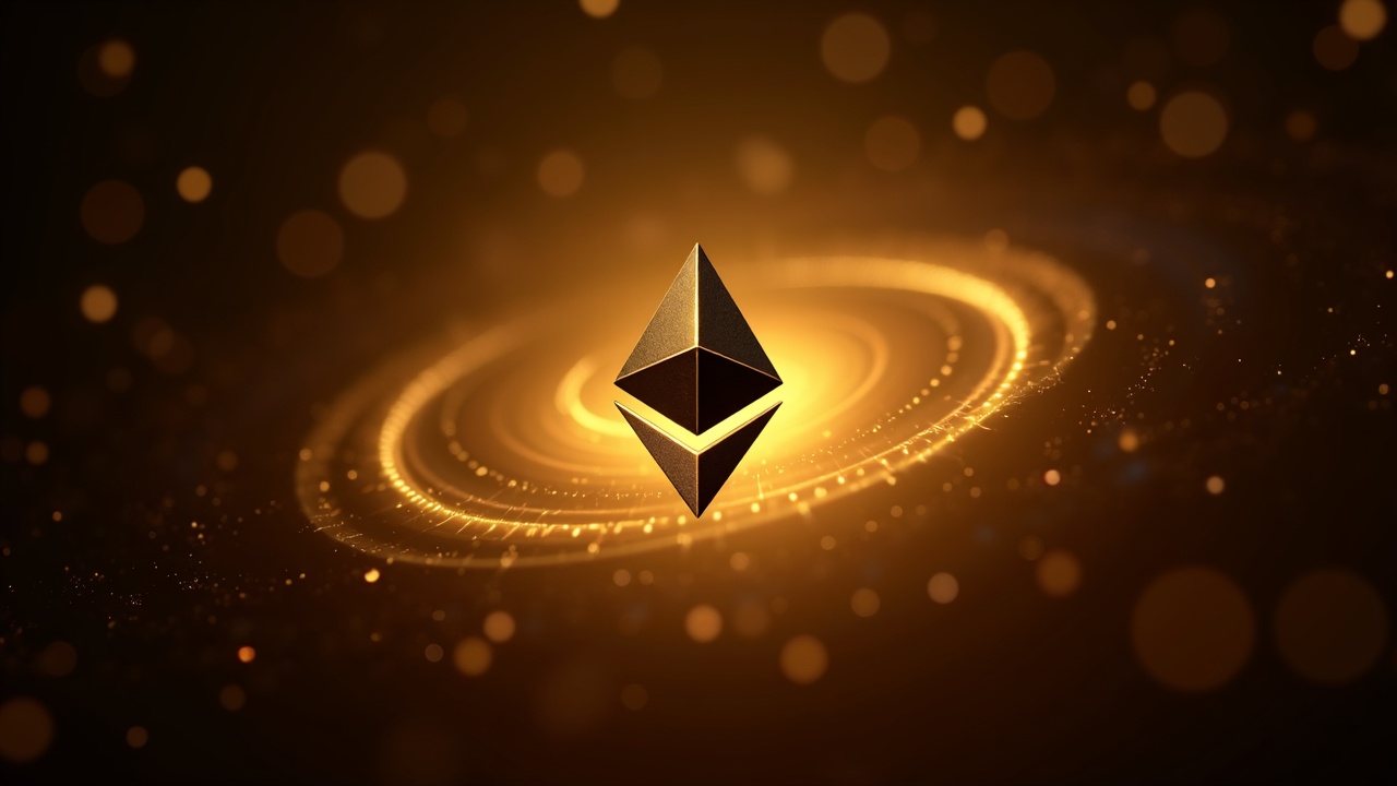 Photoreal header with centered Ethereum logo, subtle gold swirl, and a faint validator-network backdrop.