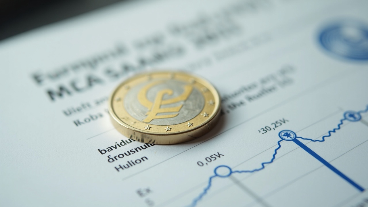 Photorealistic header with a euro-stablecoin emblem over the Bundesbank seal and a softly blurred MiCA document backdrop.