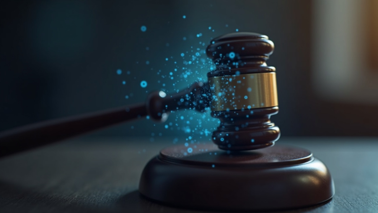 Photorealistic courtroom gavel with a subtle holographic blockchain motif, neutral tones, symbolizing FCA enforcement.