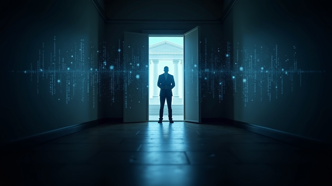 Courtroom doorway with translucent blockchain overlay, foreground crypto wallet and a police silhouette.