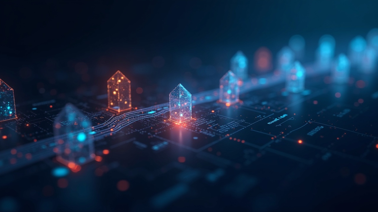 Sleek supply chain scene with an immutable ledger, DIDs and Verifiable Credentials icons signaling auditable data flow