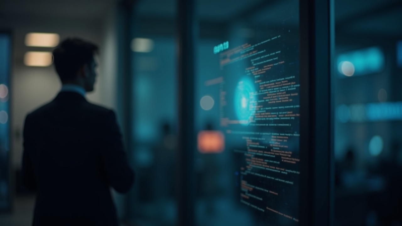 Photoreal header of a suited silhouette in a corporate office with a glowing crypto wallet and streaming code