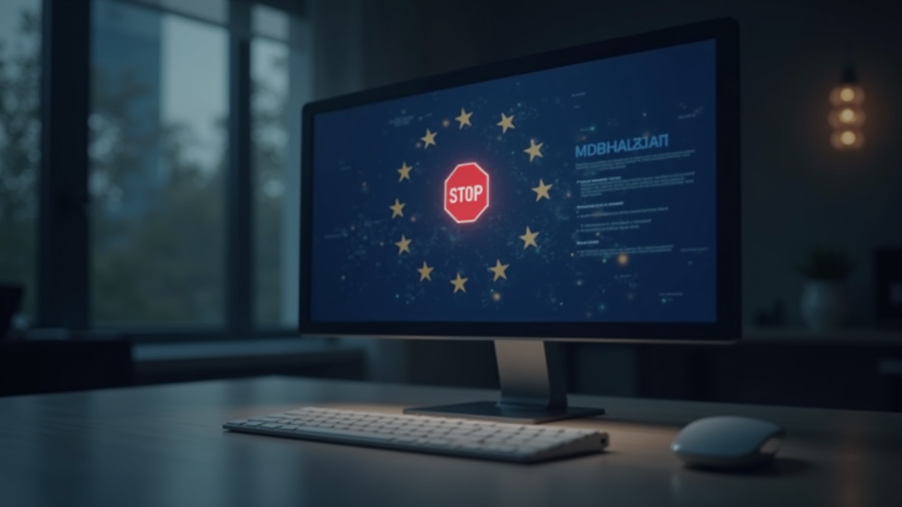 Photorealistic shot of an empty compliance desk with a paused MiCA passport icon on screen and a red stop sign.