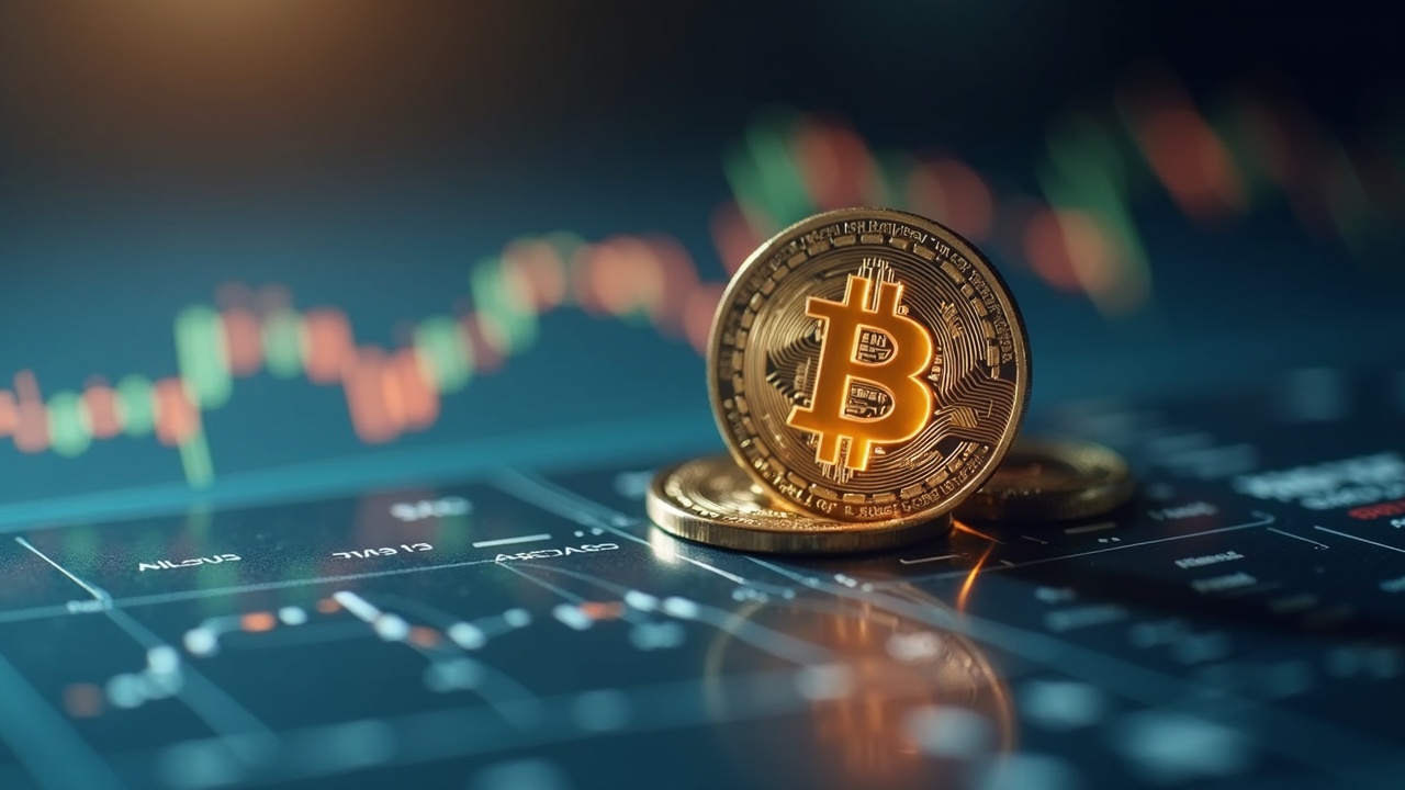 Glowing Bitcoin coin on a glass balance sheet with blurred market charts and editorial lighting.