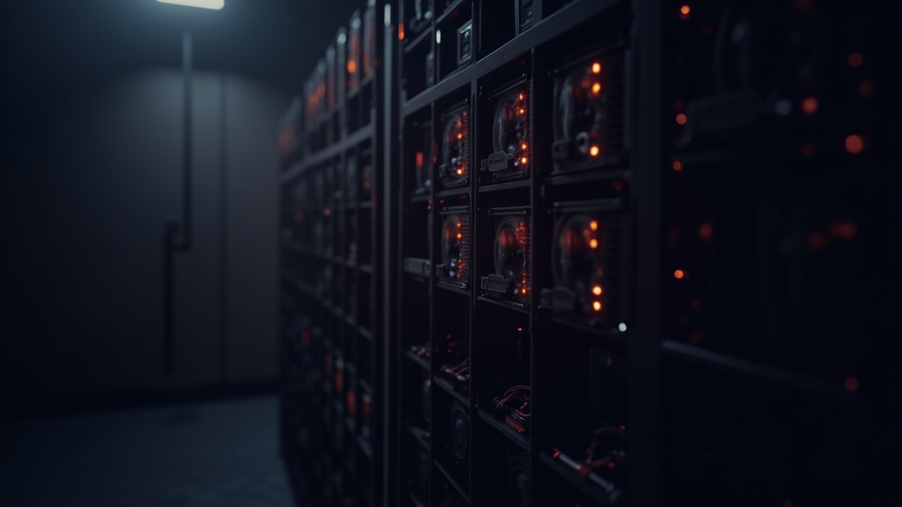 Photorealistic crypto mining rig cluster with glowing MiningOS interface overlay