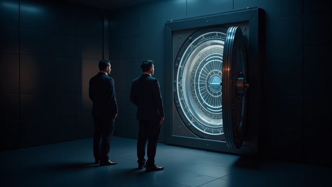 Executives oversee a glowing multi-chain ledger inside a bank vault, symbolizing federally regulated crypto custody.