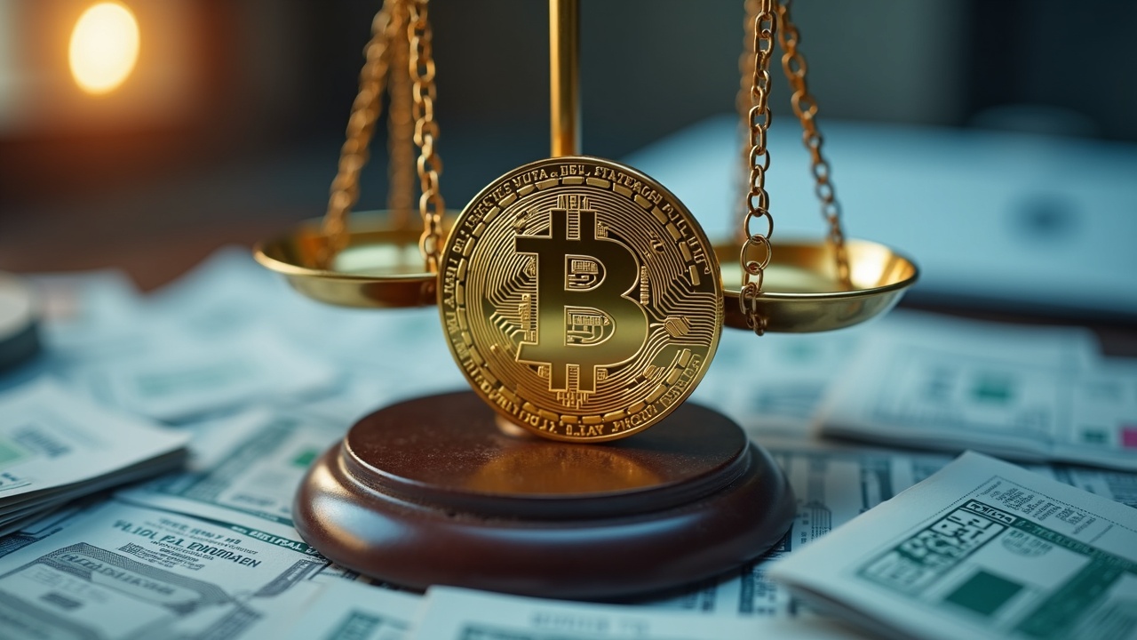 Crypto symbol cradled by legal scales amid dense documents, illustrating regulatory crackdown on P2P crypto on-ramps.