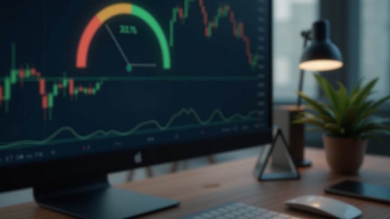 Desk scene with a monitor displaying a peak anxiety crypto sentiment gauge and a subtle downward trend line.