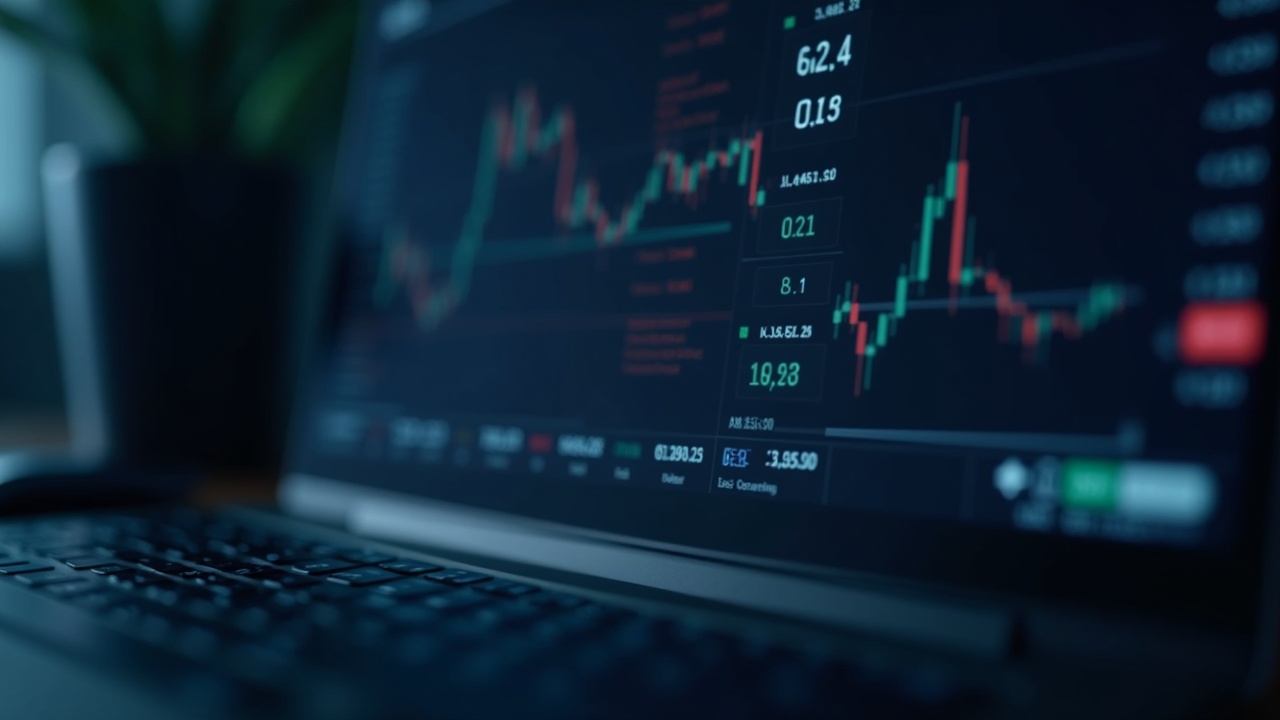 Close-up of a sleek trading desk with a digital screen showing binary election outcomes and ETF tickers.