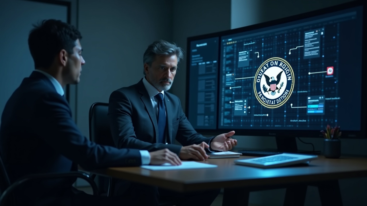 Lawyer at desk with SEC seal and Chainlink logo on monitor displaying on-chain data streams