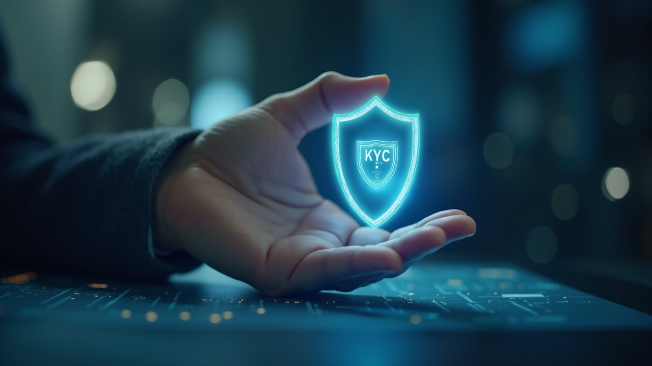 Close-up of a hand holding a transparent shield with KYC and age icons over a digital ledger in Tokyo's financial district.