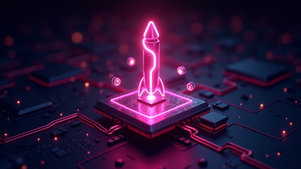 Close-up of a Solana launchpad emblem releasing colorful memecoin icons into a neon network hub.