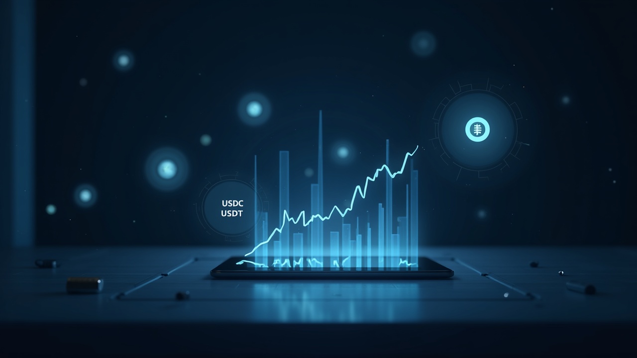 Photorealistic trading desk with holographic charts of stablecoin inflows and USDC/USDT logos, calm lighting.