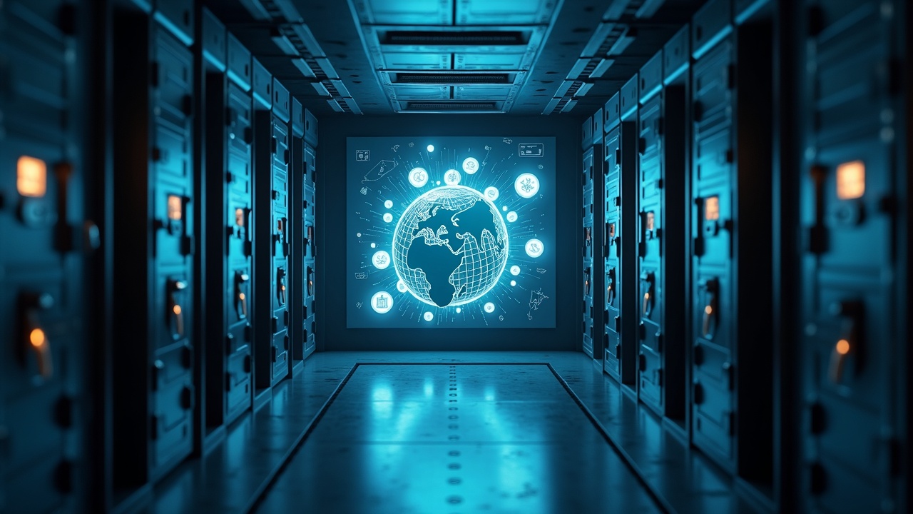 Photorealistic vault with floating tokenized real-world assets, central institutional rails, and subtle retail access cue.