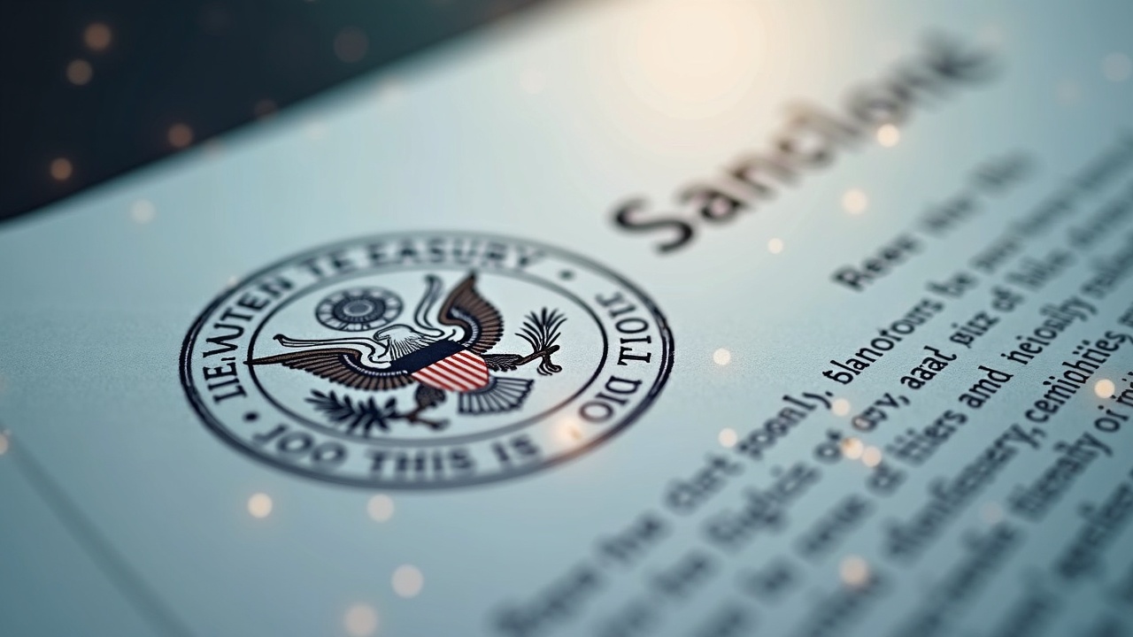 Photorealistic close-up of a sanctions document stamped with a Treasury seal, featuring a subtle crypto coin watermark and a light network texture.
