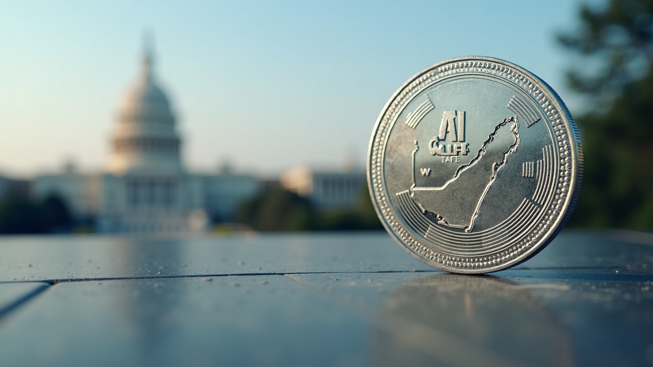 Photorealistic WLFI coin, translucent UAE map, Capitol dome blurred in the background, signaling crypto regulatory scrutiny.