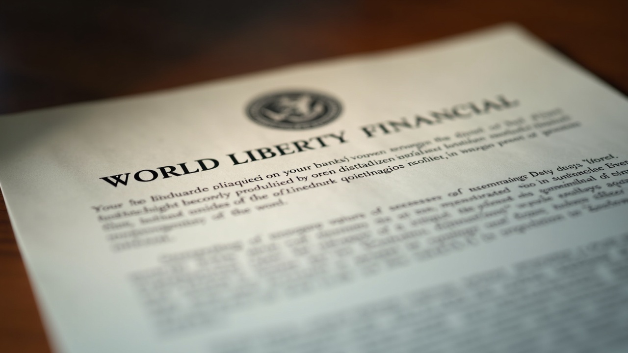 Photoreal closeup of a World Liberty Financial bank charter showing ownership disclosure, with a blurred hearing backdrop.