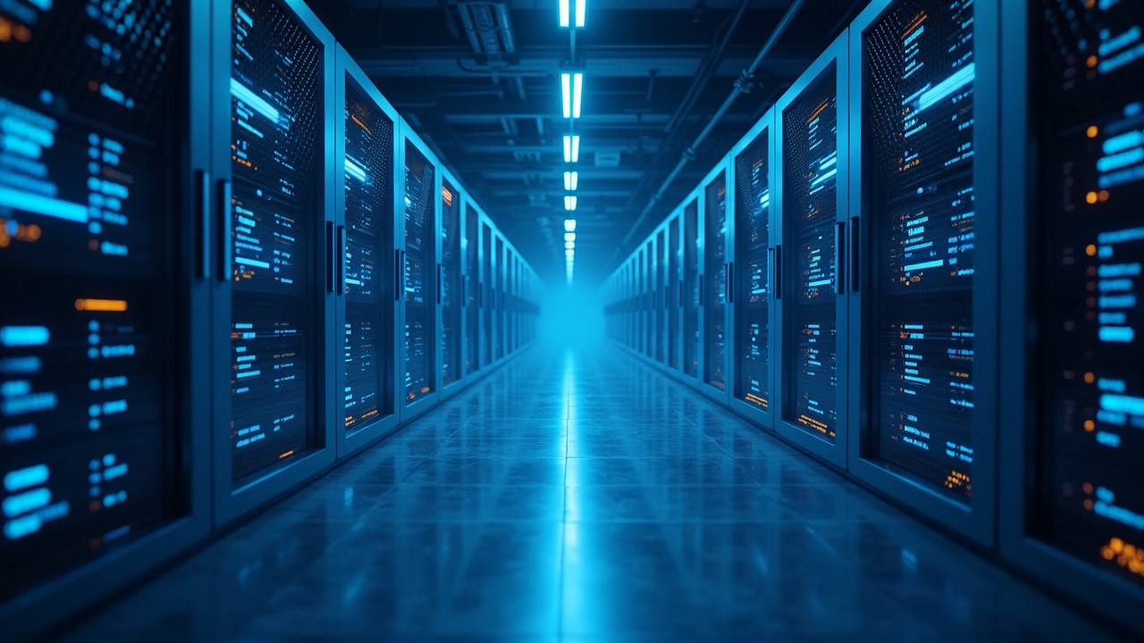 Photorealistic data center with autonomous agent networks, on-chain payments, AI dashboards, and asset indexing.