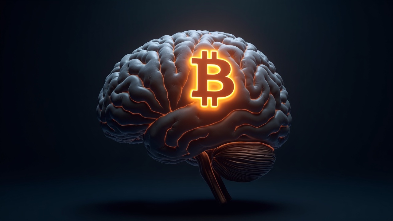 Photorealistic AI neural core with glowing Bitcoin logo, illustrating store-of-value use for frontier models.