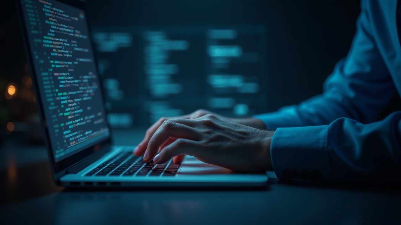 Close-up of a coder typing with AI circuit overlays on a holographic Ethereum 2030 roadmap.