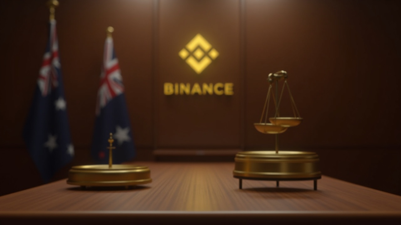 Realistic courtroom scene with subtle Binance logo, Australian court ambiance, scales of justice, and glowing crypto visuals.