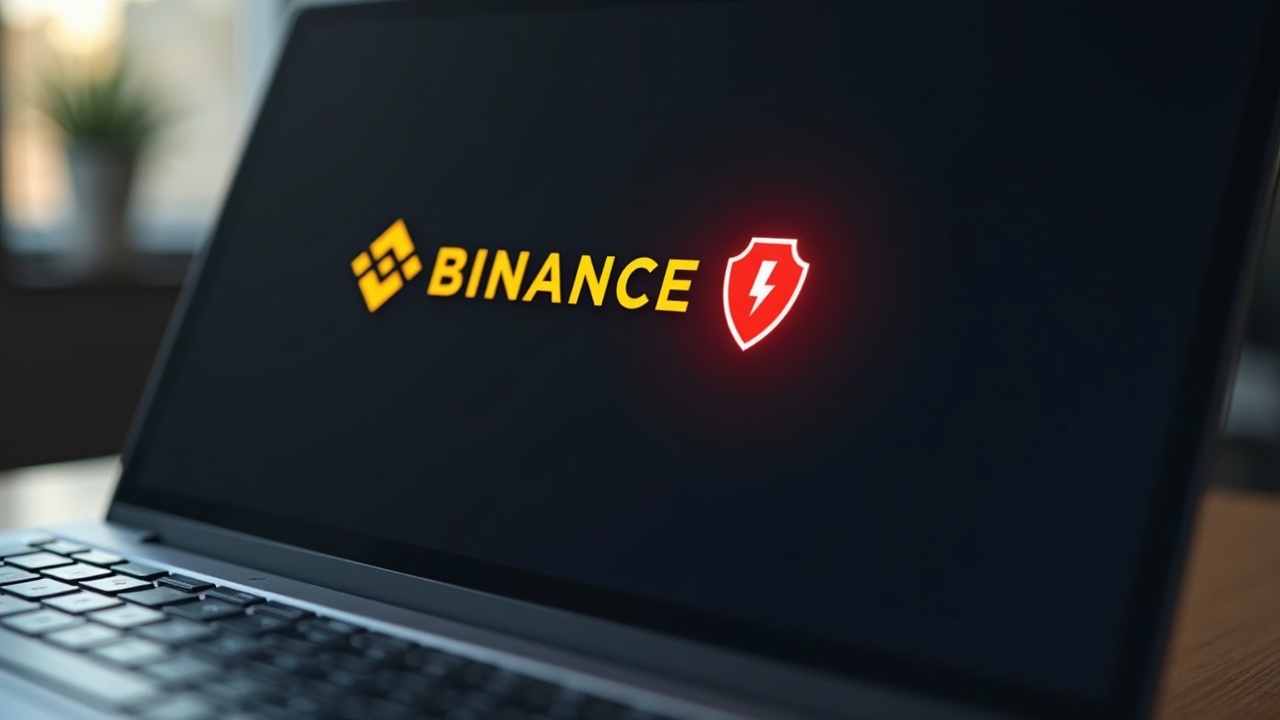 Photorealistic close-up of a laptop displaying the Binance logo with a red alert shield against a soft-focused newsroom backdrop