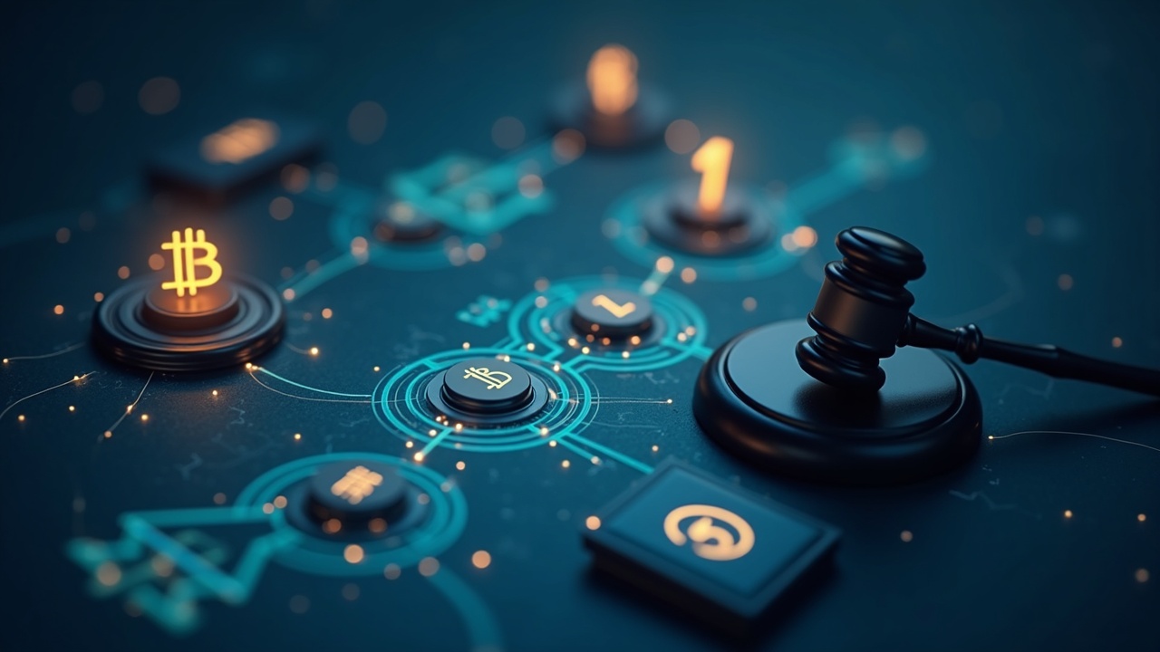 Photoreal header showing on-chain flows converging on a central exchange with a regulator silhouette and a gavel.