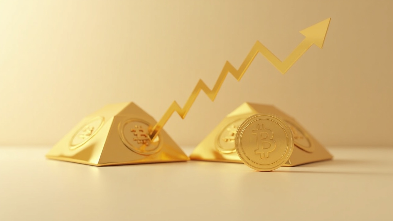 Photoreal image of Bitcoin ETF inflows surpassing gold, Bitcoin icon with arrows from gold to BTC against a neutral background.