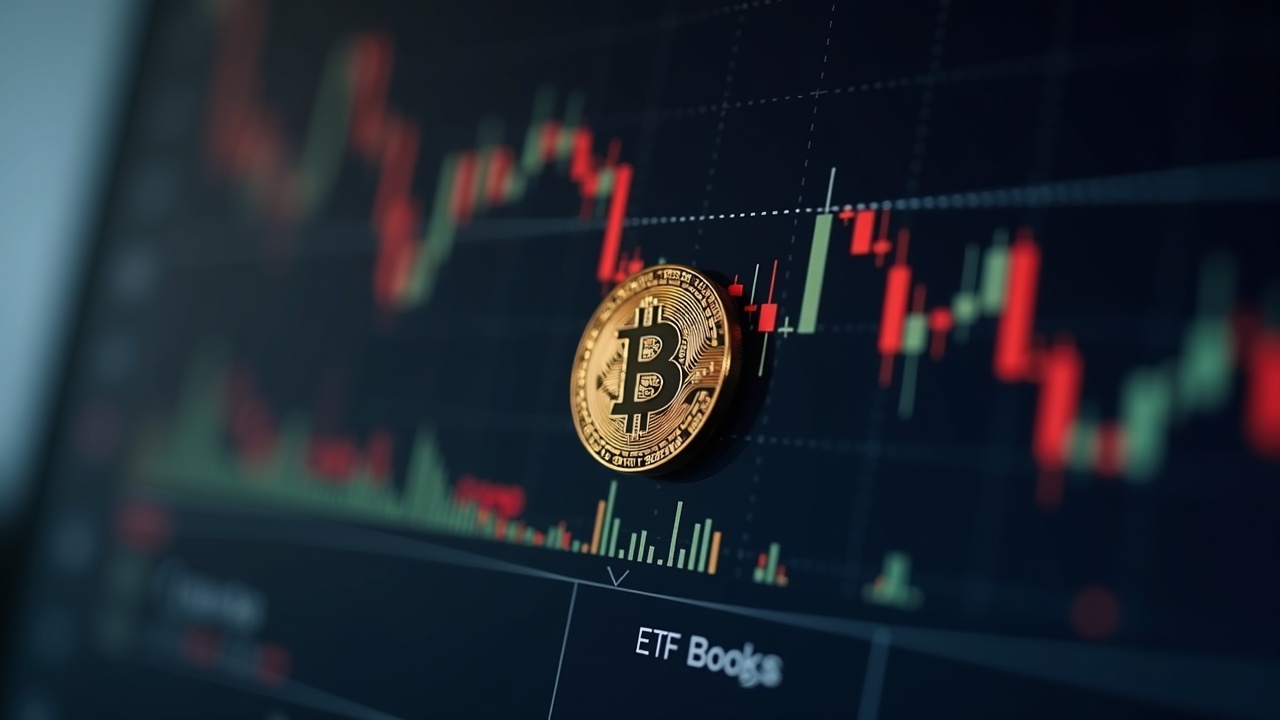 Close-up of Bitcoin with a blurred market screen showing ETF logos and a muted price chart, illustrating lag between inflows and spot price.