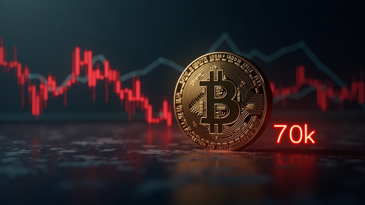 Bitcoin symbol fading under a $70k price line with a blurred backdrop signaling geopolitical risk.