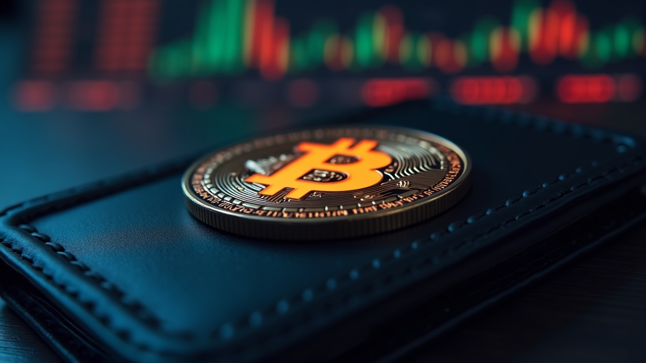 Close-up of a hardware wallet with a glowing Bitcoin logo, soft editorial lighting, and blurred price boards in the background.