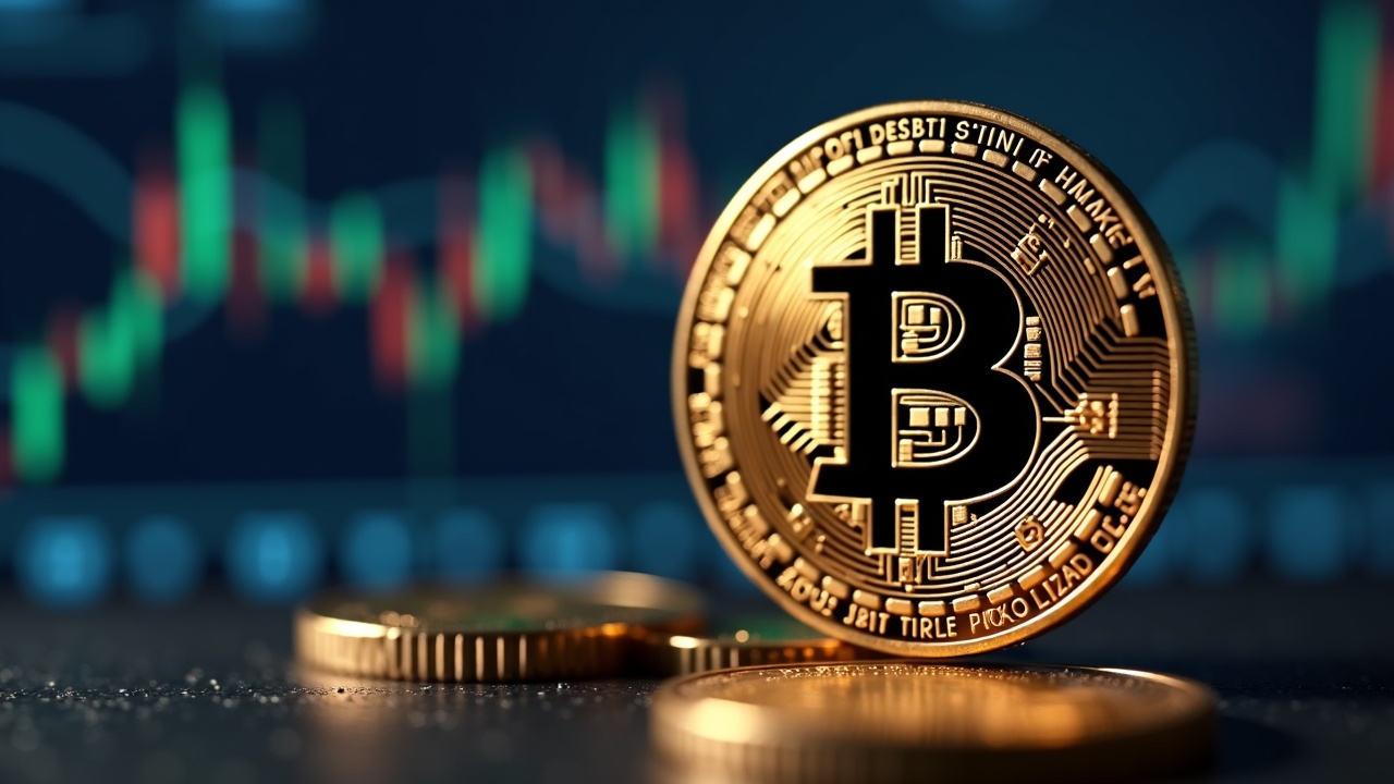 Close-up of a Bitcoin logo with a blurred Federal Reserve podium and volatile market charts in the background.