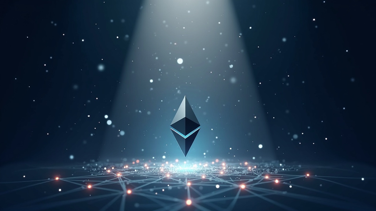 Editorial header showing a corporate beacon pouring Ethereum into a sprawling blockchain network, with staking pillars and muted lighting.
