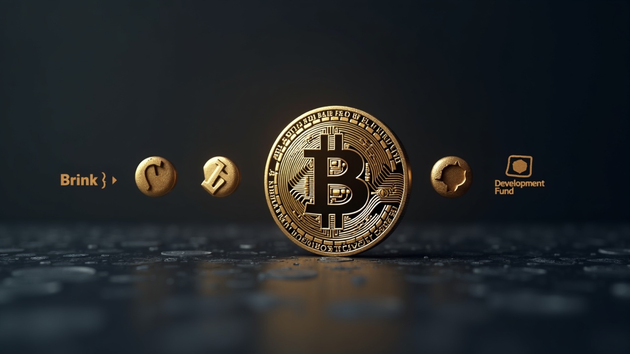 Photorealistic Bitcoin symbol with subtle Brink, OpenSats, and Bitcoin Development Fund icons, on a clean background.