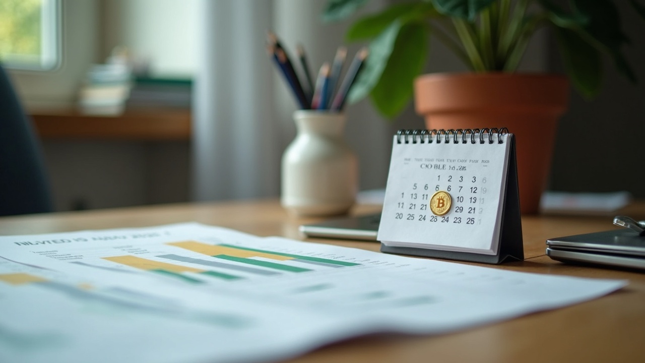 Brazilian finance desk with calendar highlighting October 2026 and subtle Bitcoin and stablecoin icons