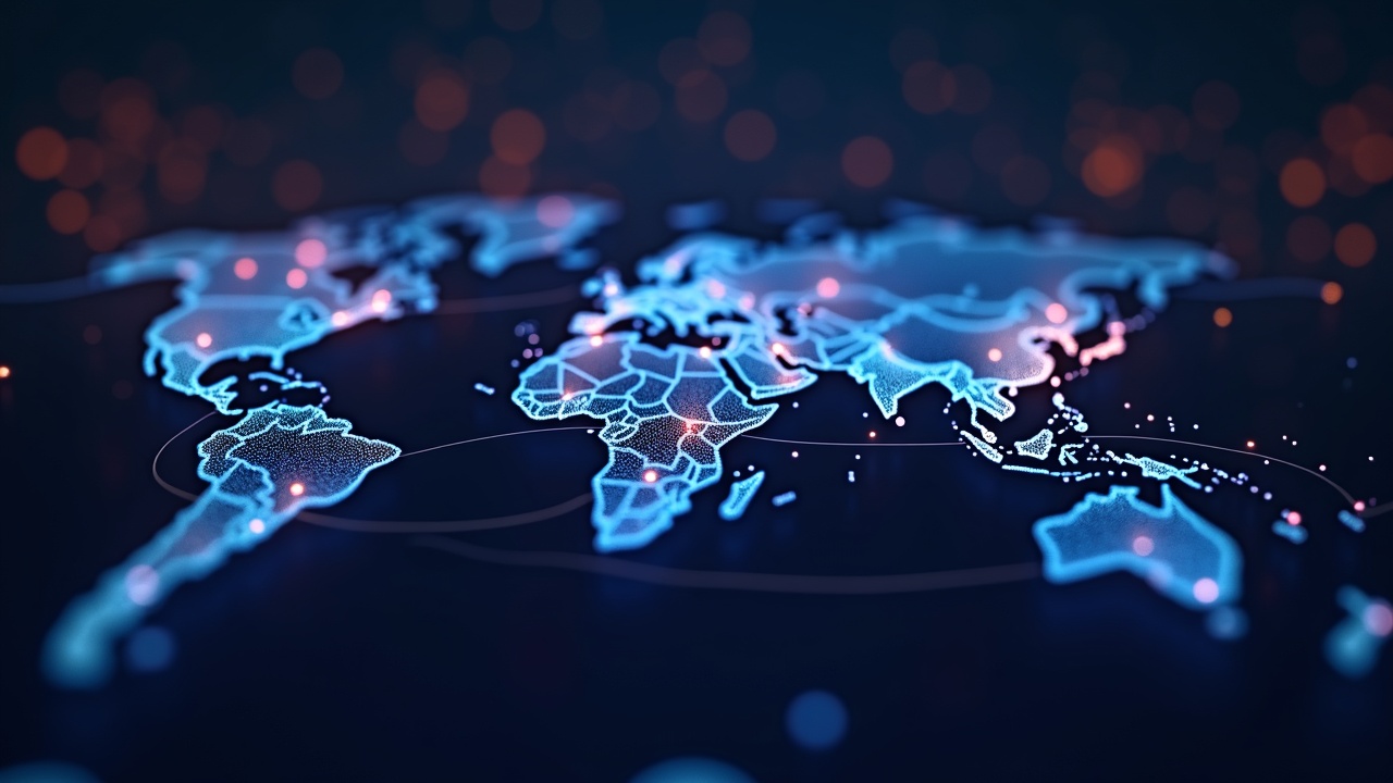 Photoreal map showing Bullish overtaking Coinbase with glowing lines linking exchanges, signaling liquidity and adoption.