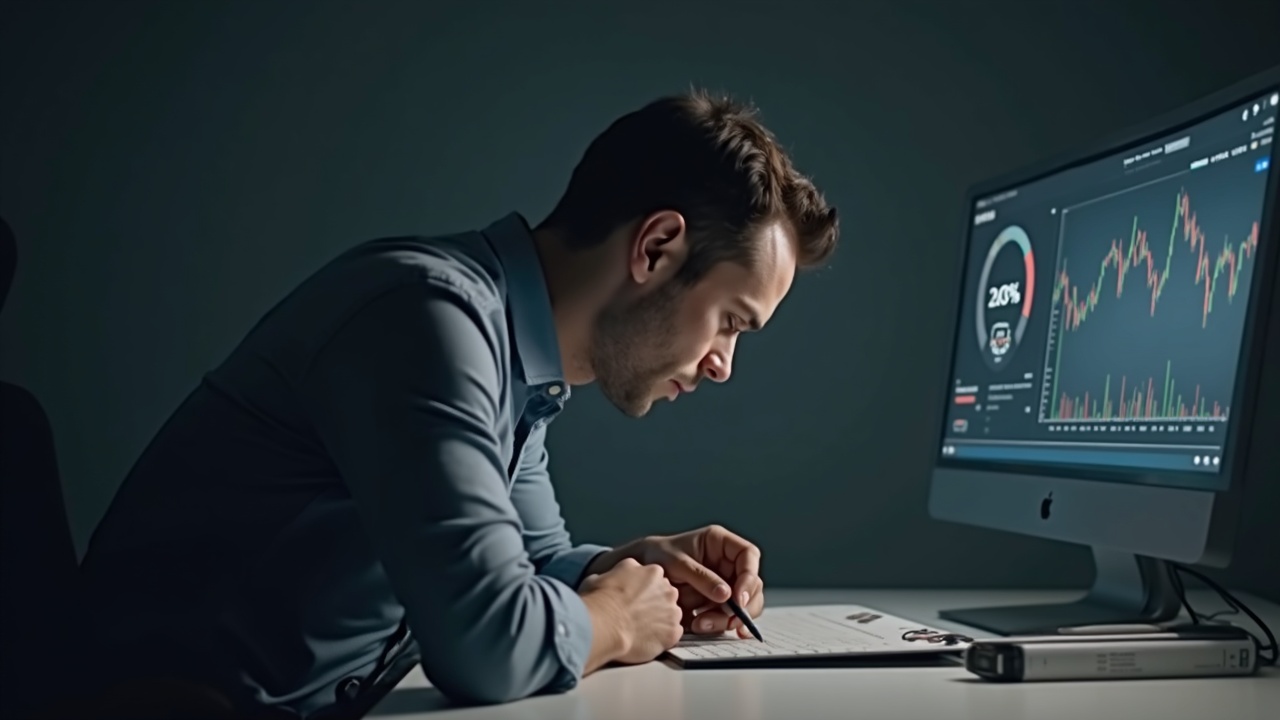 Cautious investor at a trading desk with Bitcoin logo and a liquidity risk gauge under soft neutral lighting