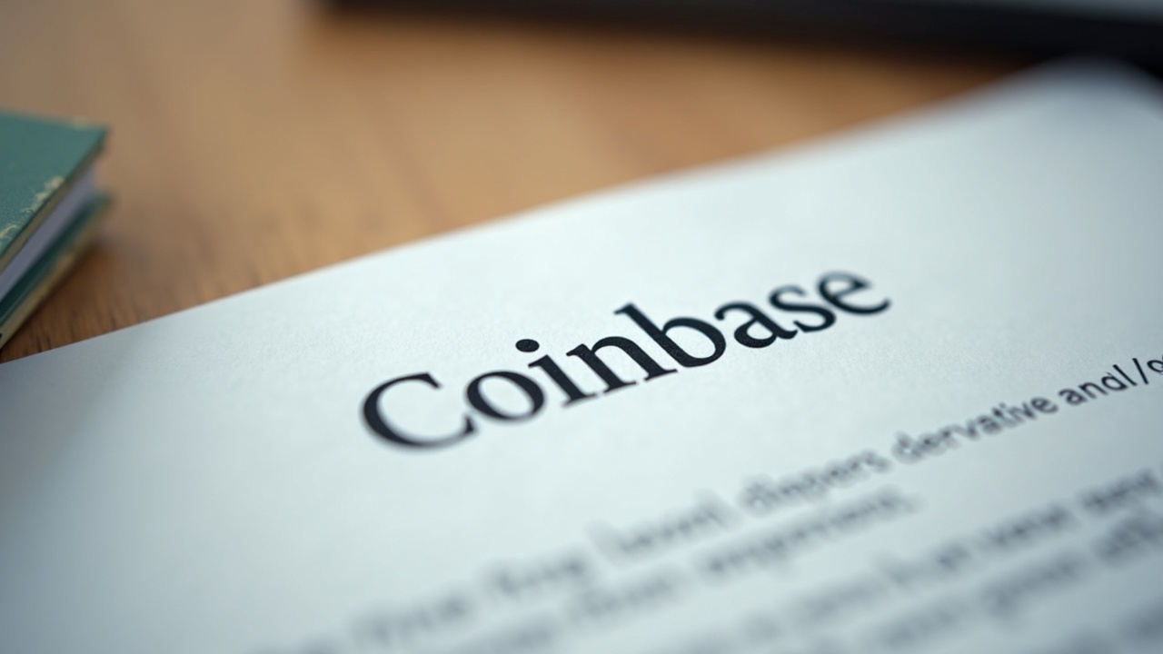 Close-up of a legal document with a faint Coinbase watermark against a blurred newsroom backdrop