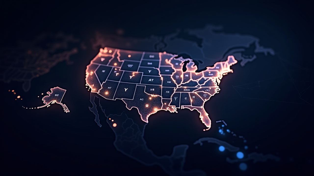 Glowing blockchain network over U.S. battleground districts with a decentralized voter hub interface and crypto branding