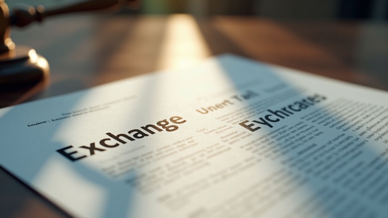 Close-up of a legal document about crypto-exchange liability, with a soft gavel shadow and subtle blockchain motif.