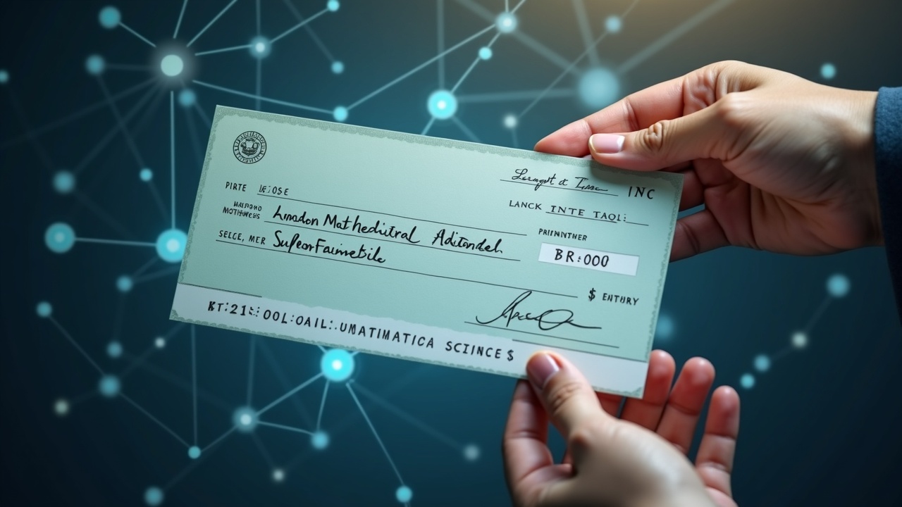 Photorealistic donation check morphing into the London Institute for Mathematical Sciences with subtle blockchain glyphs.