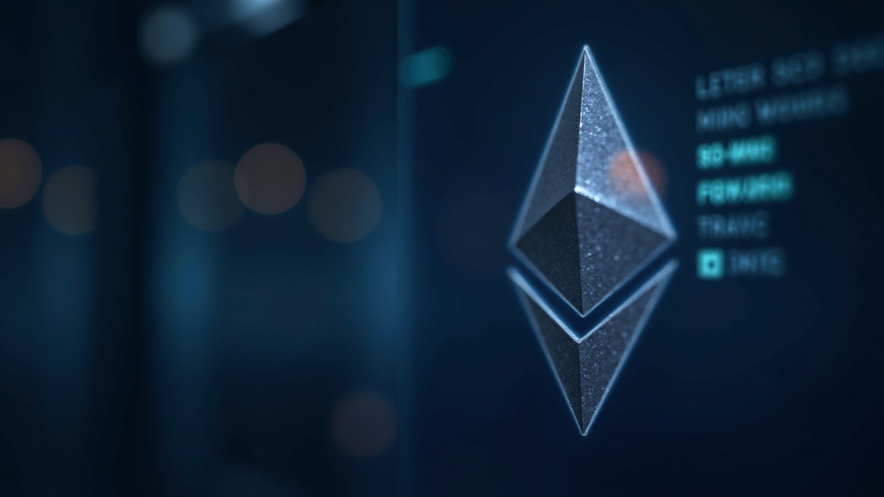 Close-up of Ethereum logo in cool tones with glass surface and blurred validator racks