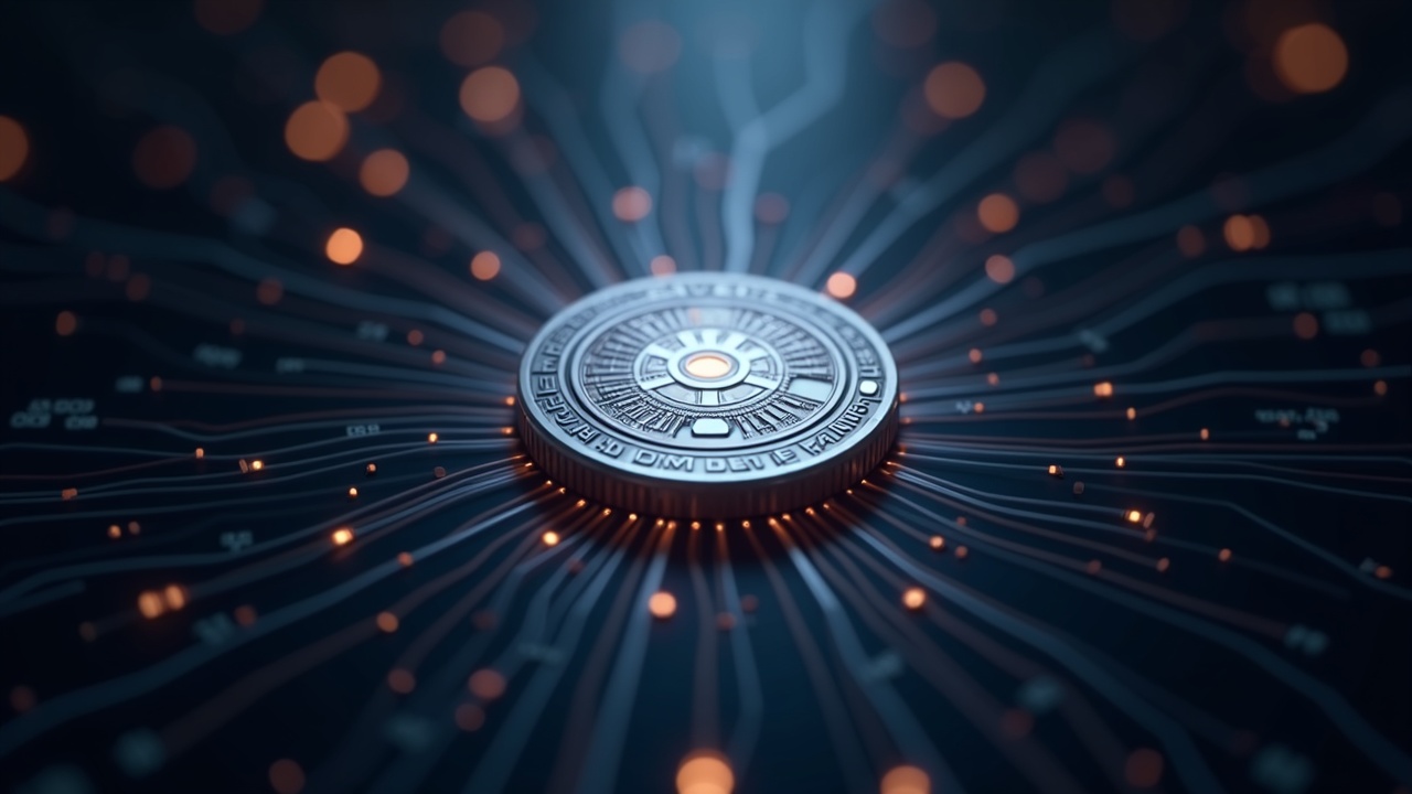 Fotorrealistic silver SUI token at center with glowing parallel execution paths, editorial lighting, conveying fast finality and low fees.