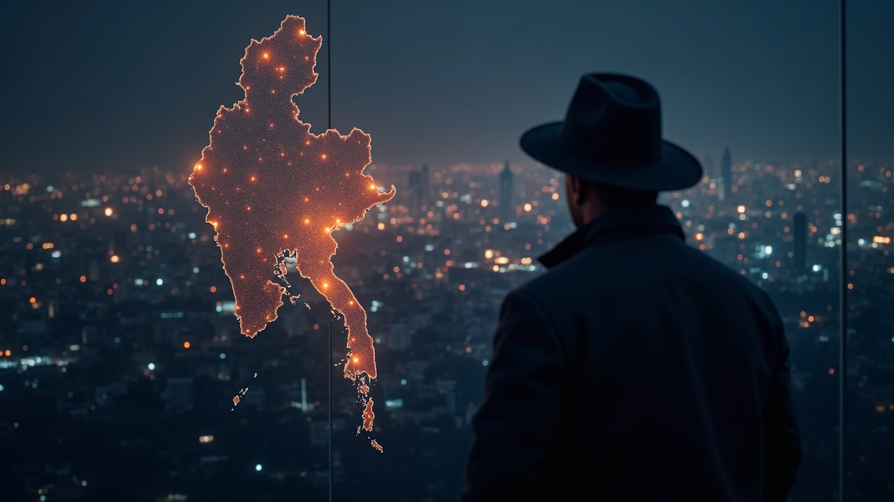 Mumbai skyline fades into a Myanmar border map connected by glowing blockchain lines, as a detective examines digital traces.